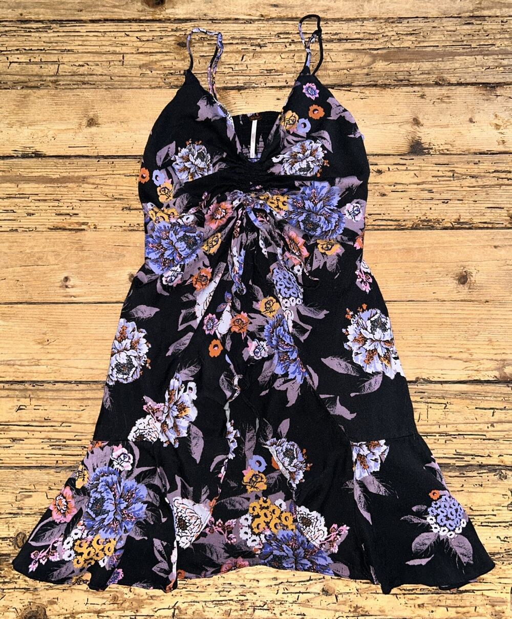 Free People S Happy Heart Mini Ruched Ruffle Dress in Black Floral